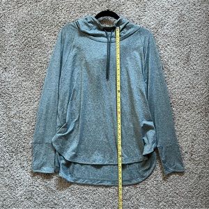 NWOT Athleta gray long sleeve top with finger holes and hood with drawstring.
